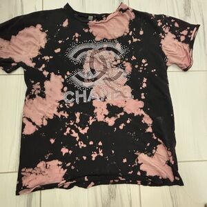 CHANEL Black and Pink Tie-Dye Short Sleeve Tee with Rhinestone Logo